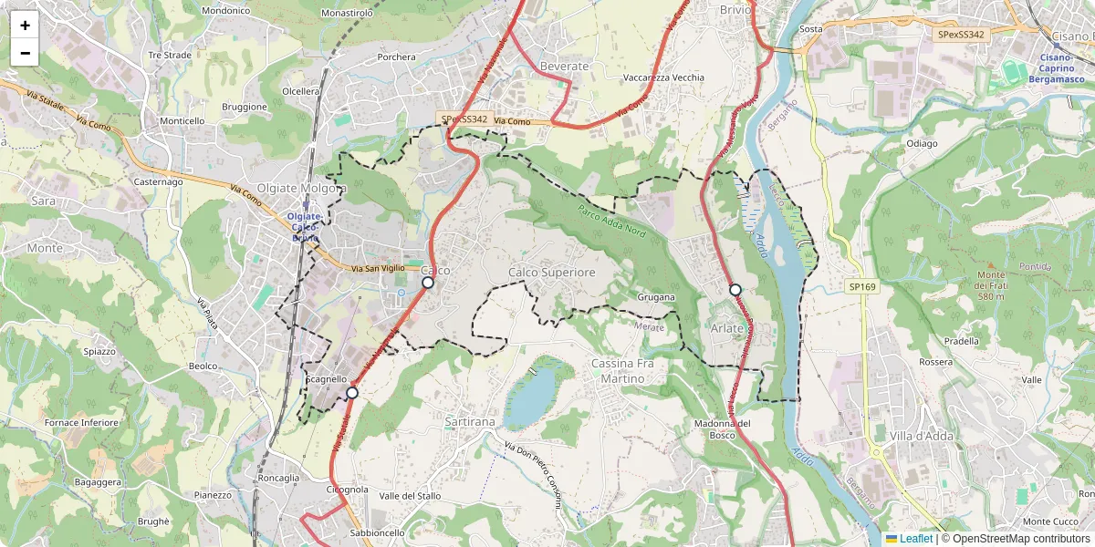 Mappa dettagliata del trasporto pubblico a Calco con linee autobus, tram e collegamenti