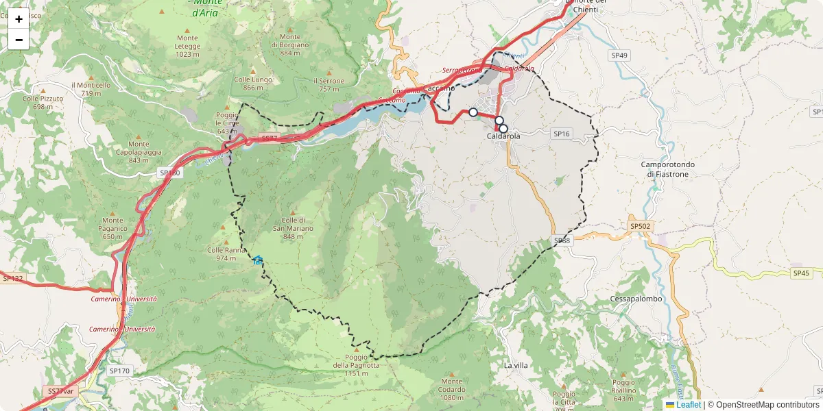 Mappa dettagliata del trasporto pubblico a Caldarola con linee autobus, tram e collegamenti
