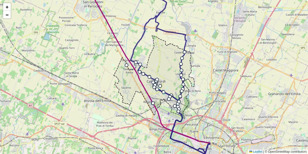Mappa dettagliata del trasporto pubblico a Calderara di Reno con linee autobus, tram e collegamenti
