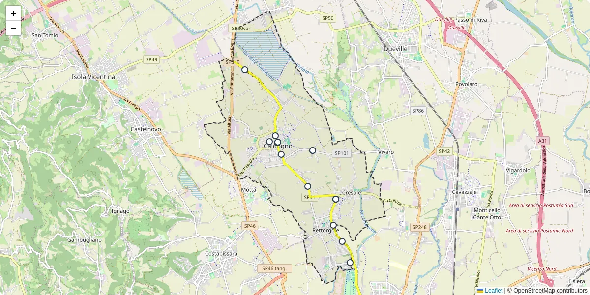 Mappa dettagliata del trasporto pubblico a Caldogno con linee autobus, tram e collegamenti