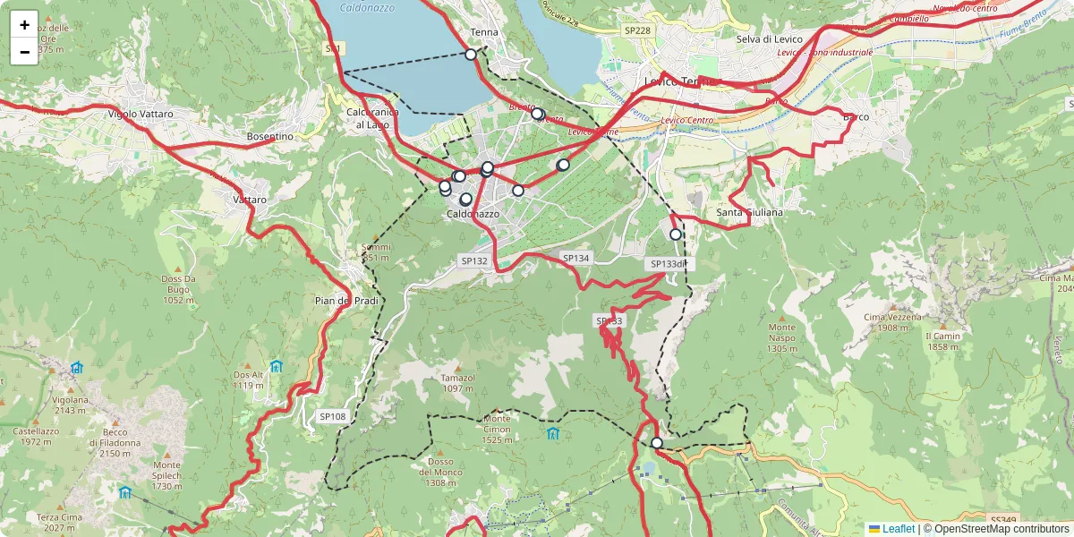 Mappa dettagliata del trasporto pubblico a Caldonazzo con linee autobus, tram e collegamenti