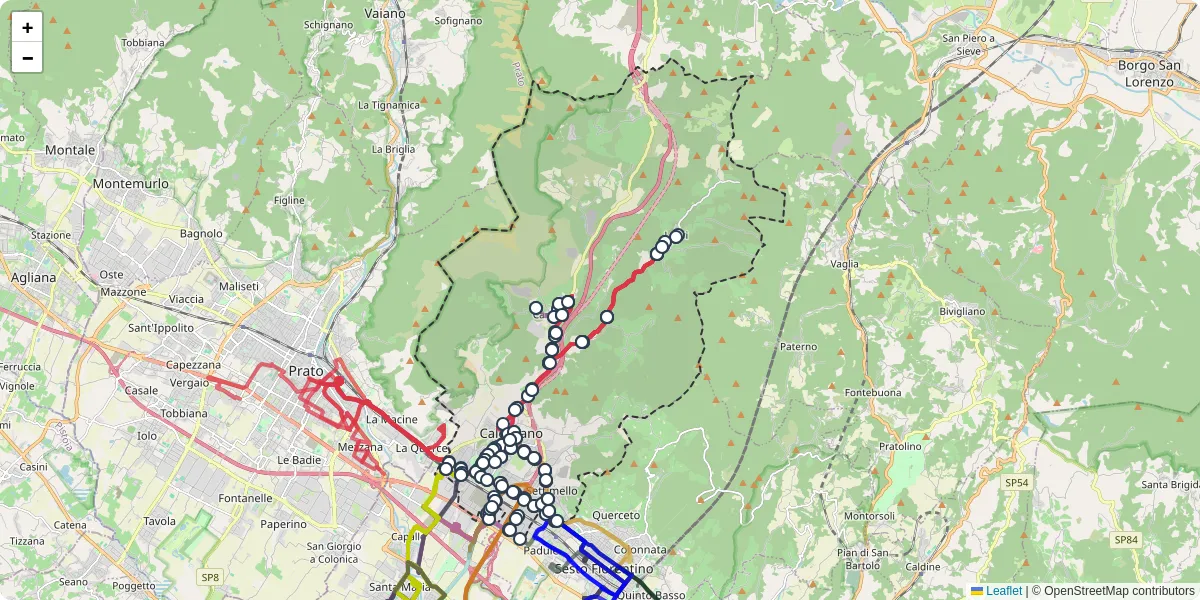 Mappa dettagliata del trasporto pubblico a Calenzano con linee autobus, tram e collegamenti