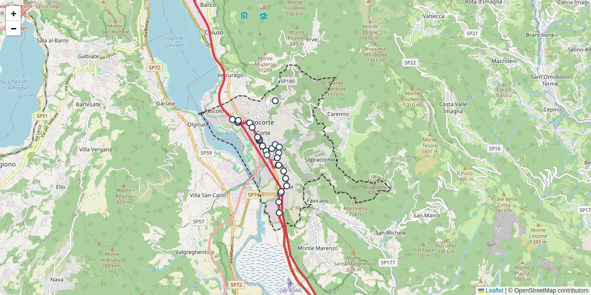 Mappa dettagliata del trasporto pubblico a Calolziocorte con linee autobus, tram e collegamenti