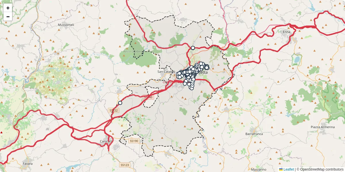 Mappa dettagliata del trasporto pubblico a Caltanissetta con linee autobus, tram e collegamenti