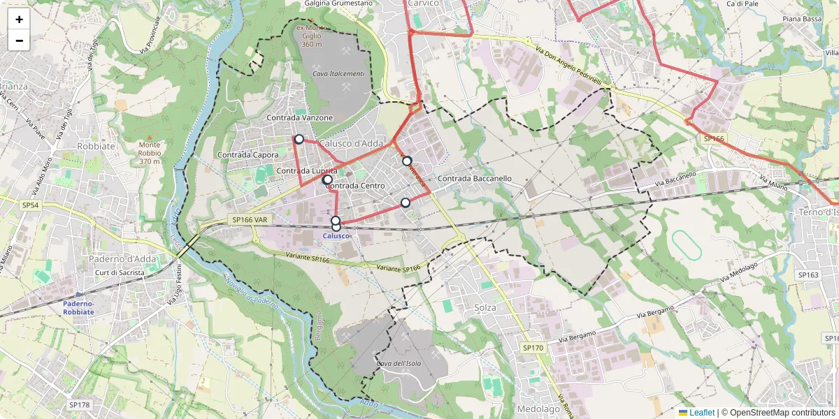 Mappa dettagliata del trasporto pubblico a Calusco d'Adda con linee autobus, tram e collegamenti
