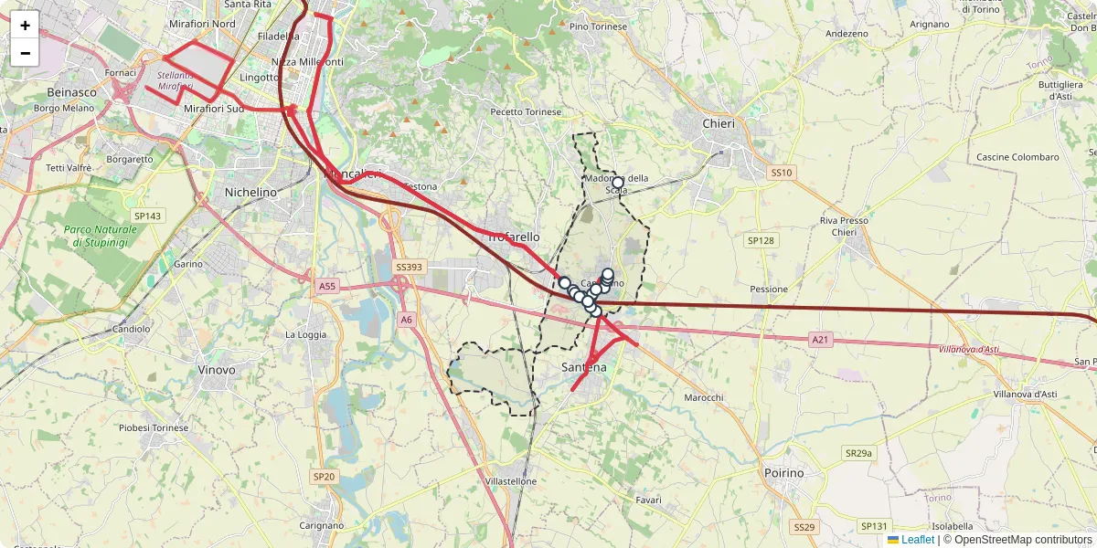 Mappa dettagliata del trasporto pubblico a Cambiano con linee autobus, tram e collegamenti