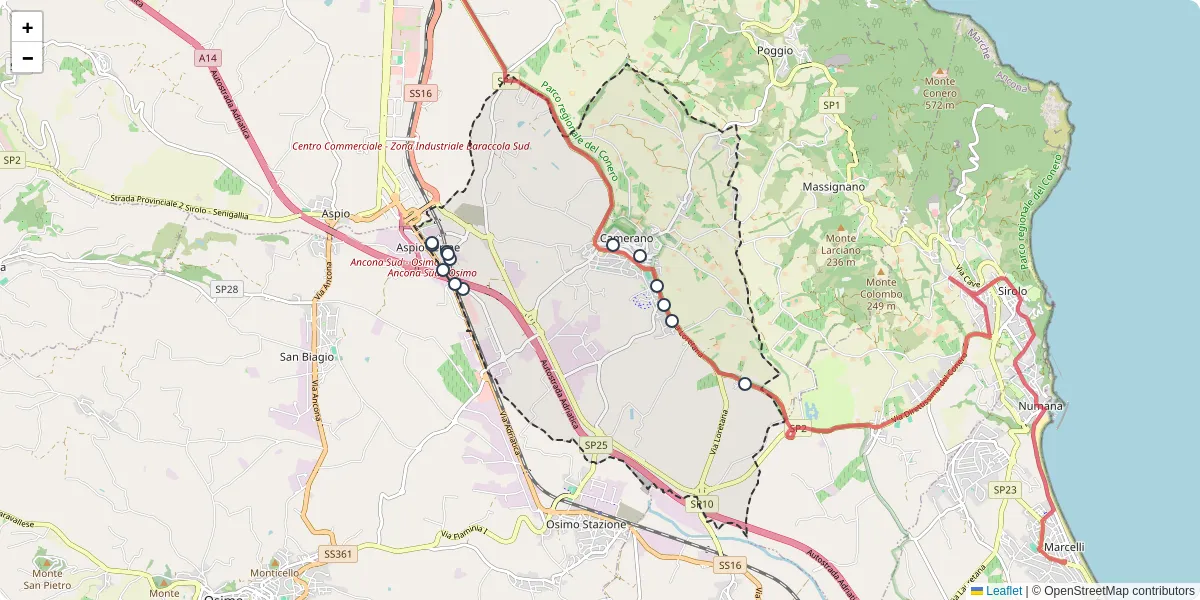Mappa dettagliata del trasporto pubblico a Camerano con linee autobus, tram e collegamenti