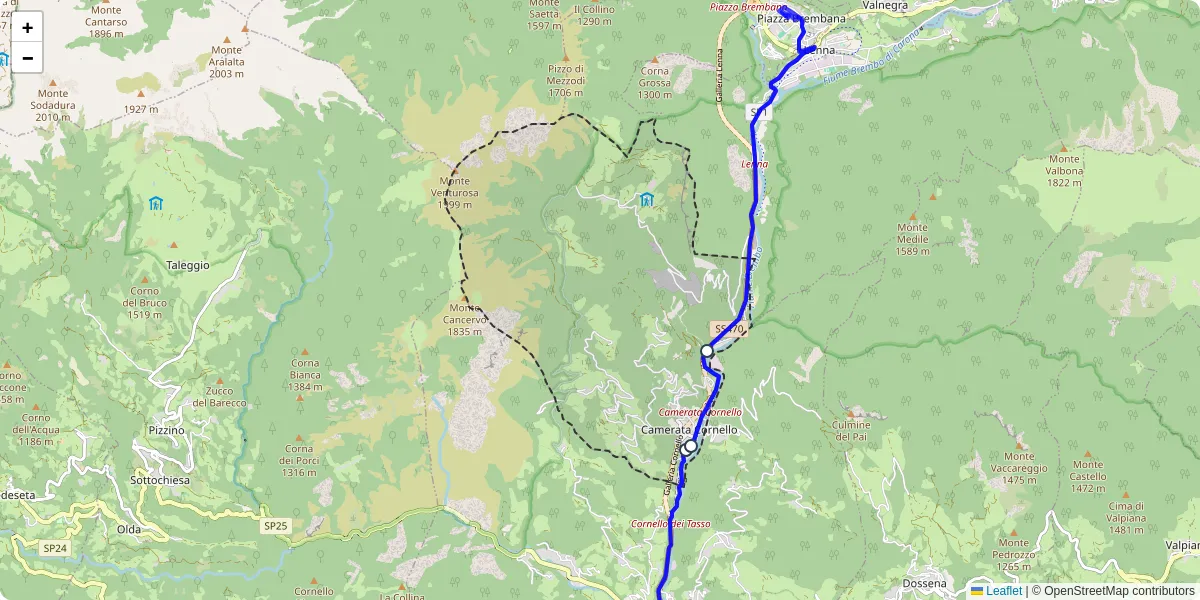 Mappa dettagliata del trasporto pubblico a Camerata Cornello con linee autobus, tram e collegamenti