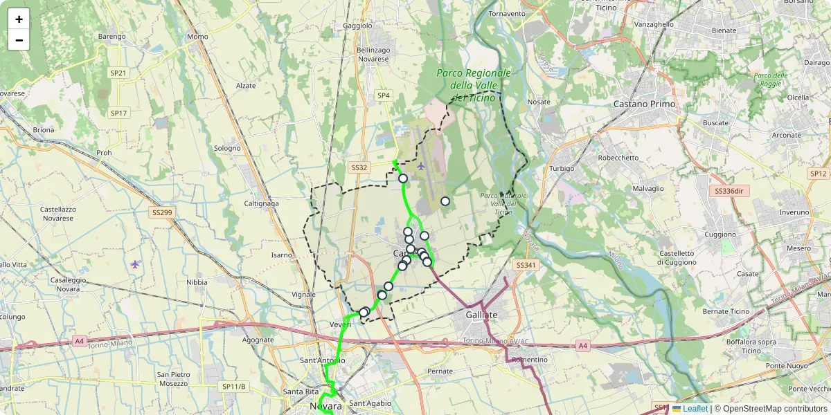 Mappa dettagliata del trasporto pubblico a Cameri con linee autobus, tram e collegamenti