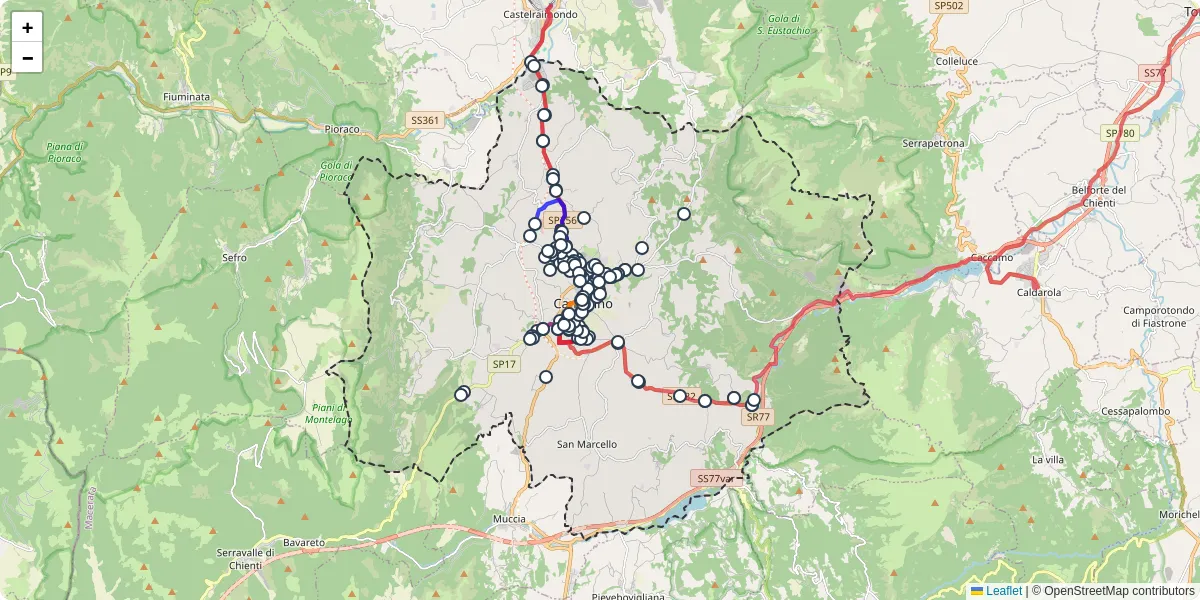 Mappa dettagliata del trasporto pubblico a Camerino con linee autobus, tram e collegamenti