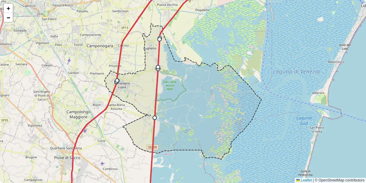 Mappa dettagliata del trasporto pubblico a Campagna Lupia con linee autobus, tram e collegamenti