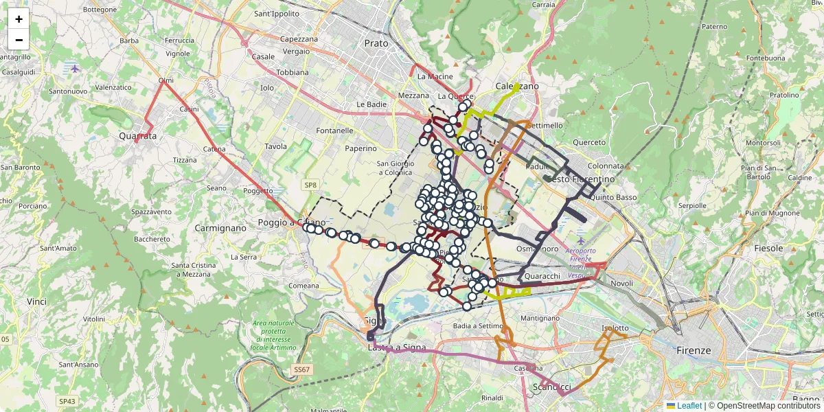 Mappa dettagliata del trasporto pubblico a Campi Bisenzio con linee autobus, tram e collegamenti