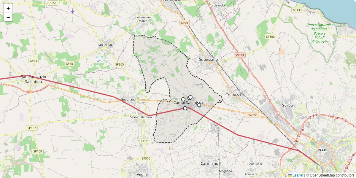 Mappa dettagliata del trasporto pubblico a Campi Salentina con linee autobus, tram e collegamenti