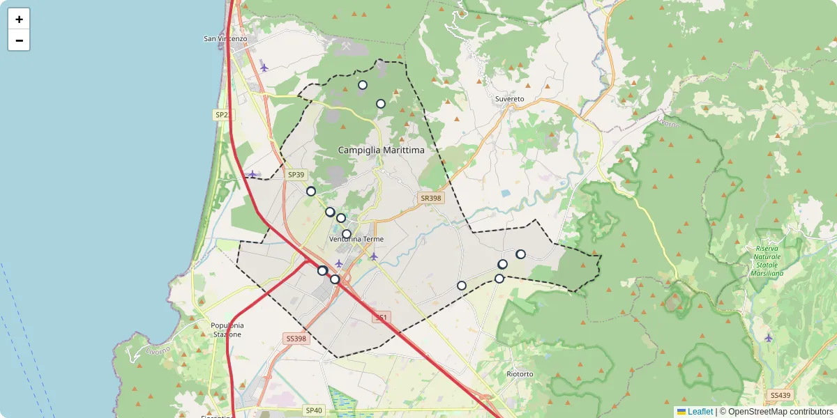 Mappa dettagliata del trasporto pubblico a Campiglia Marittima con linee autobus, tram e collegamenti
