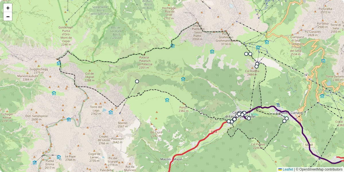 Mappa dettagliata del trasporto pubblico a Campitello di Fassa con linee autobus, tram e collegamenti