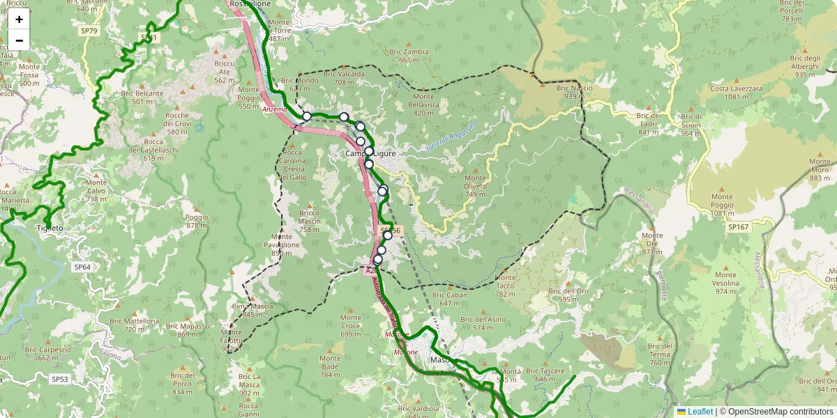 Mappa dettagliata del trasporto pubblico a Campo Ligure con linee autobus, tram e collegamenti