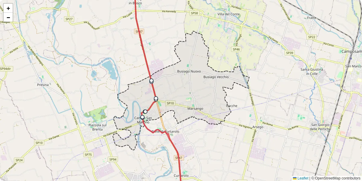 Mappa dettagliata del trasporto pubblico a Campo San Martino con linee autobus, tram e collegamenti