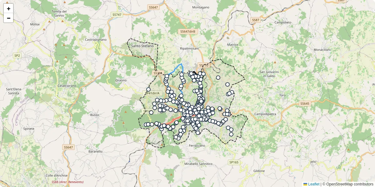Mappa dettagliata del trasporto pubblico a Campobasso con linee autobus, tram e collegamenti
