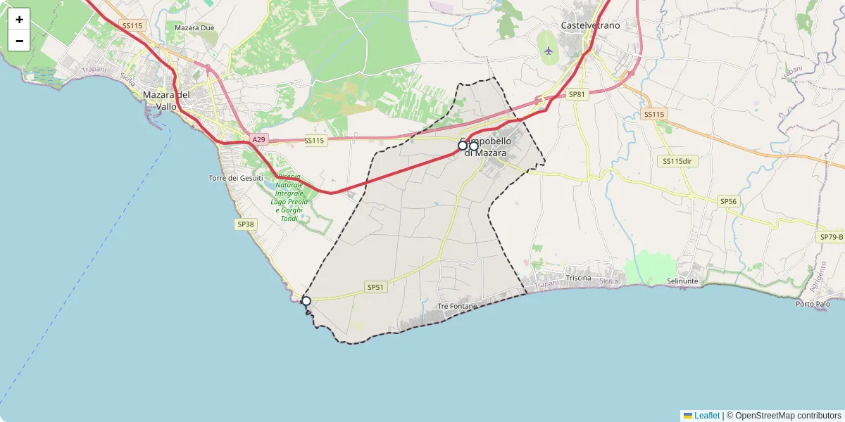 Mappa dettagliata del trasporto pubblico a Campobello di Mazara con linee autobus, tram e collegamenti