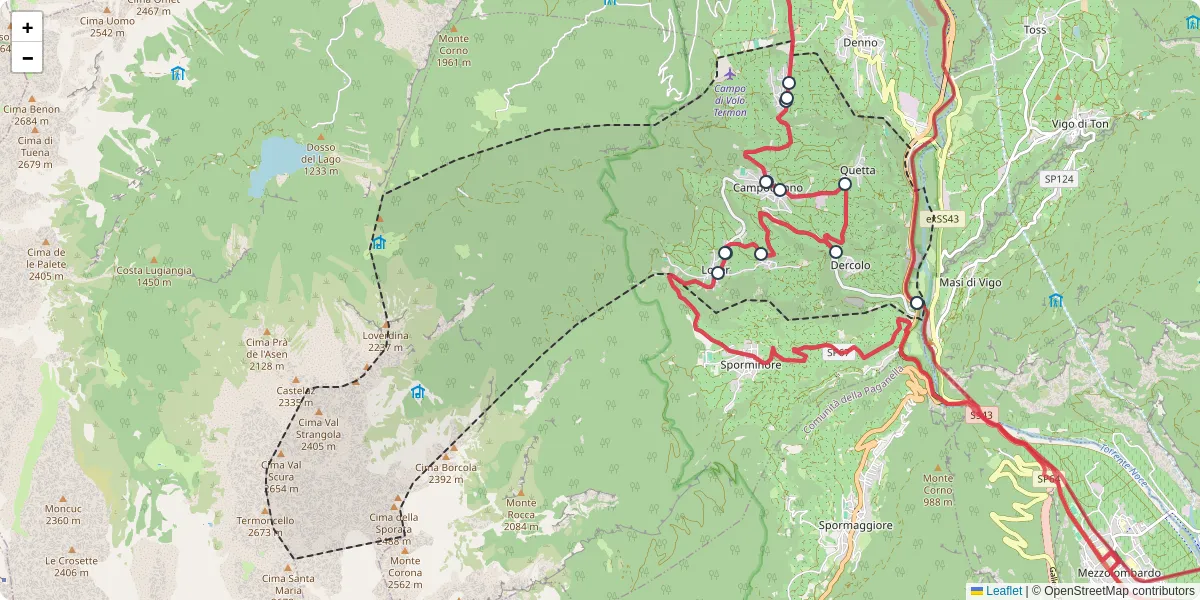 Mappa dettagliata del trasporto pubblico a Campodenno con linee autobus, tram e collegamenti