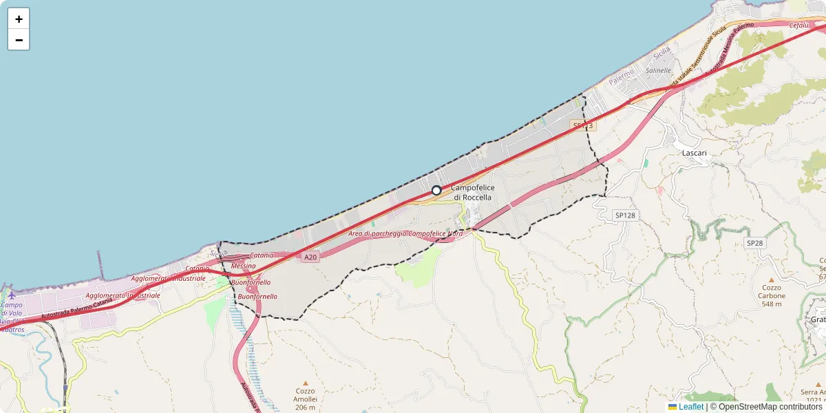 Mappa dettagliata del trasporto pubblico a Campofelice di Roccella con linee autobus, tram e collegamenti