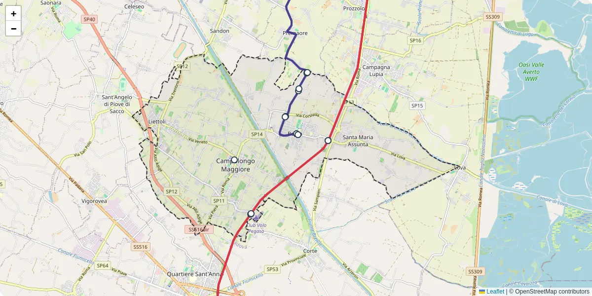 Mappa dettagliata del trasporto pubblico a Campolongo Maggiore con linee autobus, tram e collegamenti