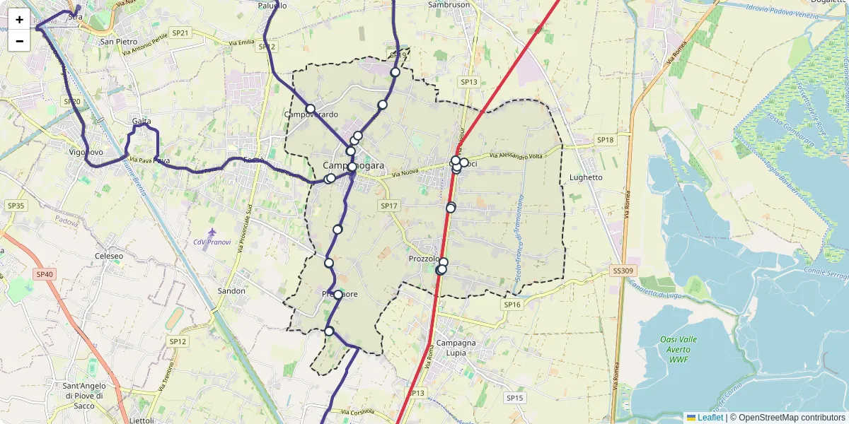 Mappa dettagliata del trasporto pubblico a Camponogara con linee autobus, tram e collegamenti