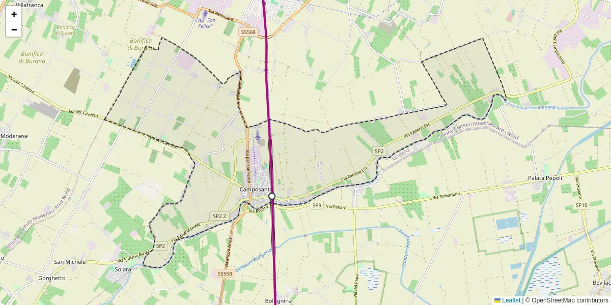 Mappa dettagliata del trasporto pubblico a Camposanto con linee autobus, tram e collegamenti