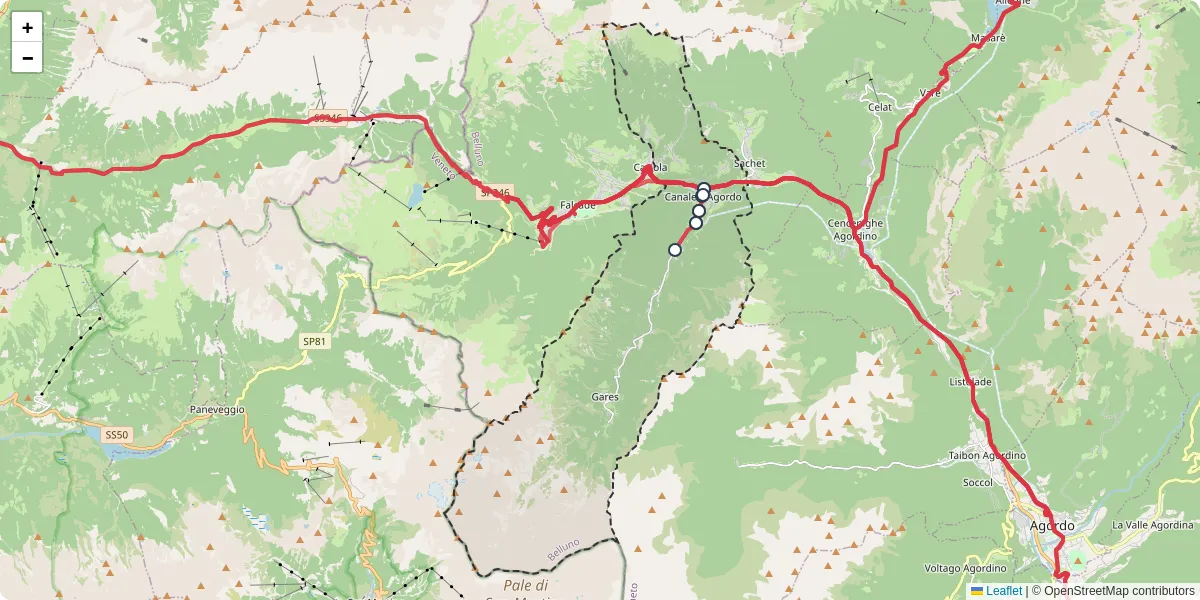 Mappa dettagliata del trasporto pubblico a Canale d'Agordo con linee autobus, tram e collegamenti