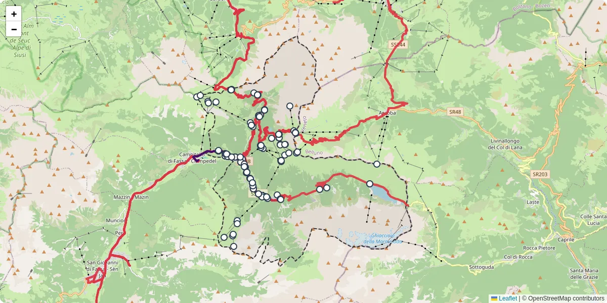 Mappa dettagliata del trasporto pubblico a Canazei con linee autobus, tram e collegamenti