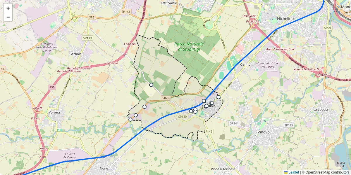 Mappa dettagliata del trasporto pubblico a Candiolo con linee autobus, tram e collegamenti