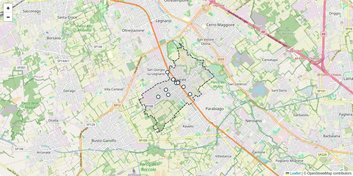 Mappa dettagliata del trasporto pubblico a Canegrate con linee autobus, tram e collegamenti