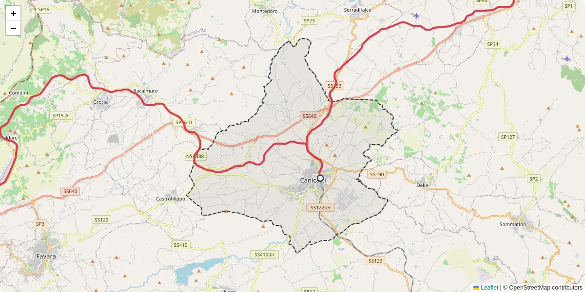 Mappa dettagliata del trasporto pubblico a Canicattì con linee autobus, tram e collegamenti