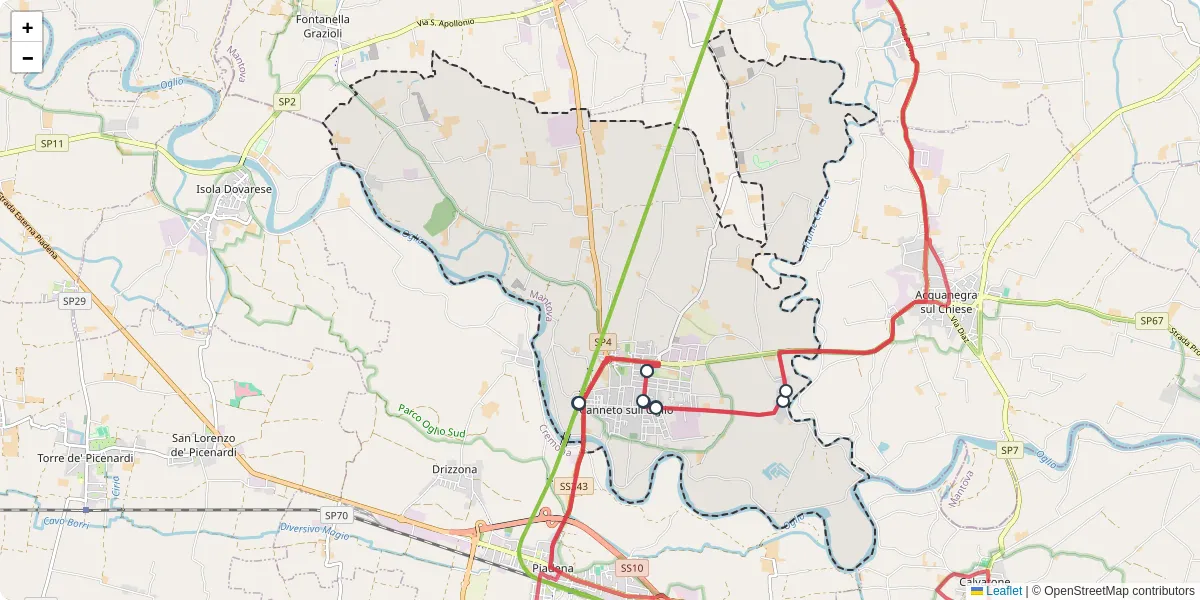 Mappa dettagliata del trasporto pubblico a Canneto sull'Oglio con linee autobus, tram e collegamenti