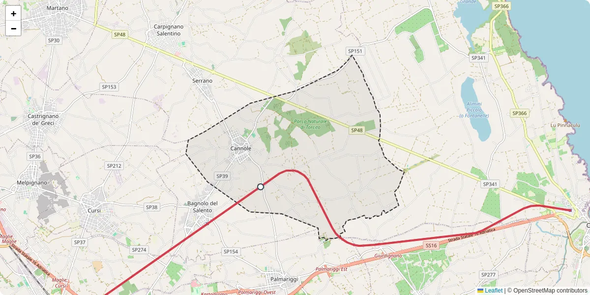 Mappa dettagliata del trasporto pubblico a Cannole con linee autobus, tram e collegamenti