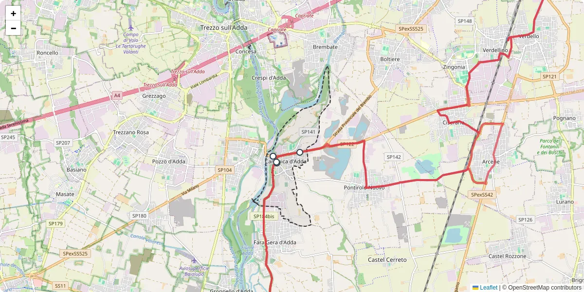 Mappa dettagliata del trasporto pubblico a Canonica d'Adda con linee autobus, tram e collegamenti