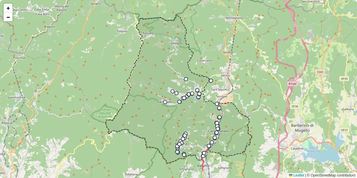 Mappa dettagliata del trasporto pubblico a Cantagallo con linee autobus, tram e collegamenti