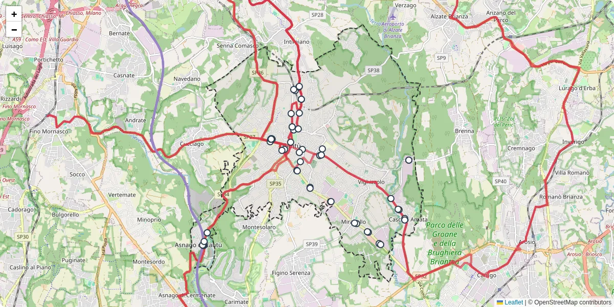 Mappa dettagliata del trasporto pubblico a Cantù con linee autobus, tram e collegamenti