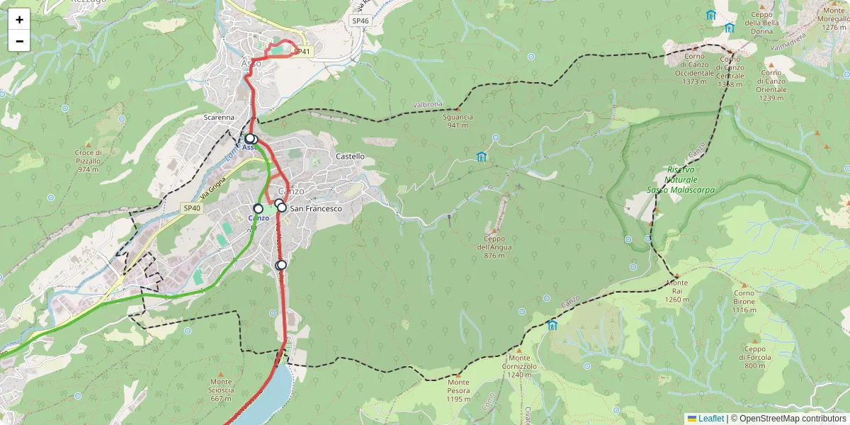 Mappa dettagliata del trasporto pubblico a Canzo con linee autobus, tram e collegamenti