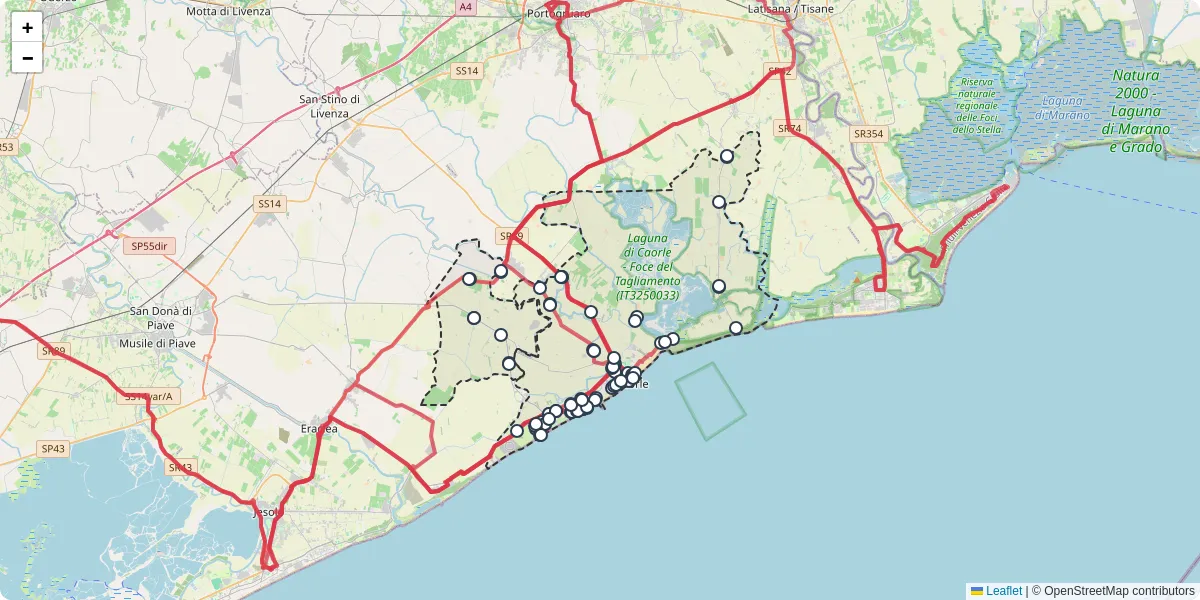 Mappa dettagliata del trasporto pubblico a Caorle con linee autobus, tram e collegamenti