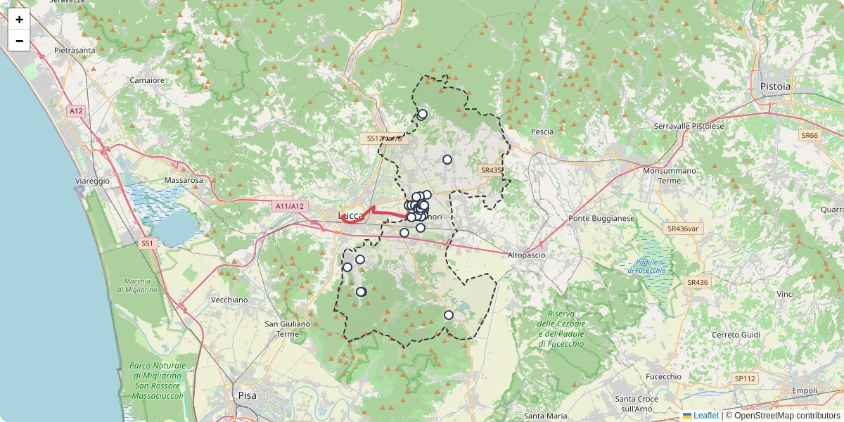Mappa dettagliata del trasporto pubblico a Capannori con linee autobus, tram e collegamenti