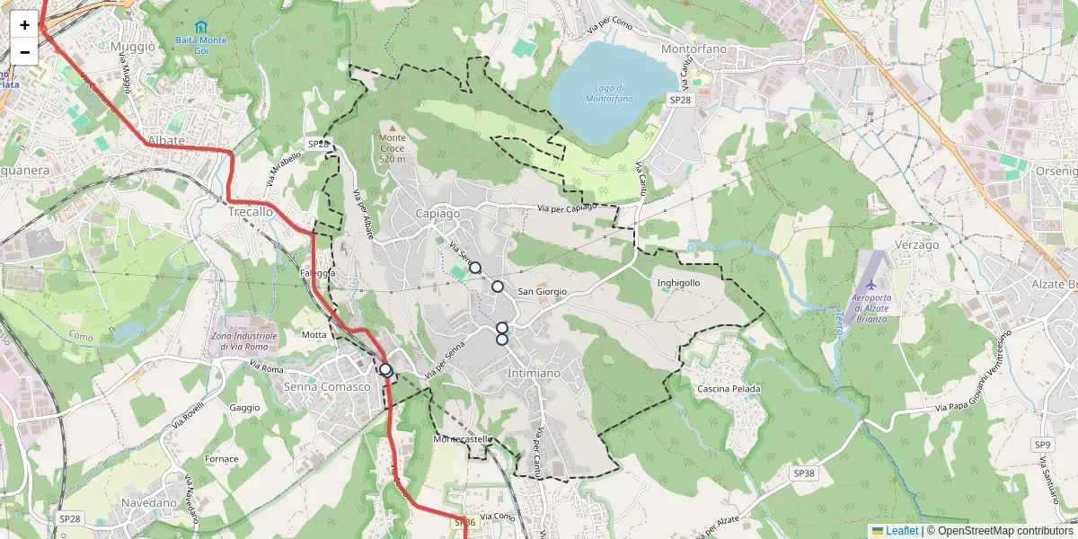 Mappa dettagliata del trasporto pubblico a Capiago Intimiano con linee autobus, tram e collegamenti