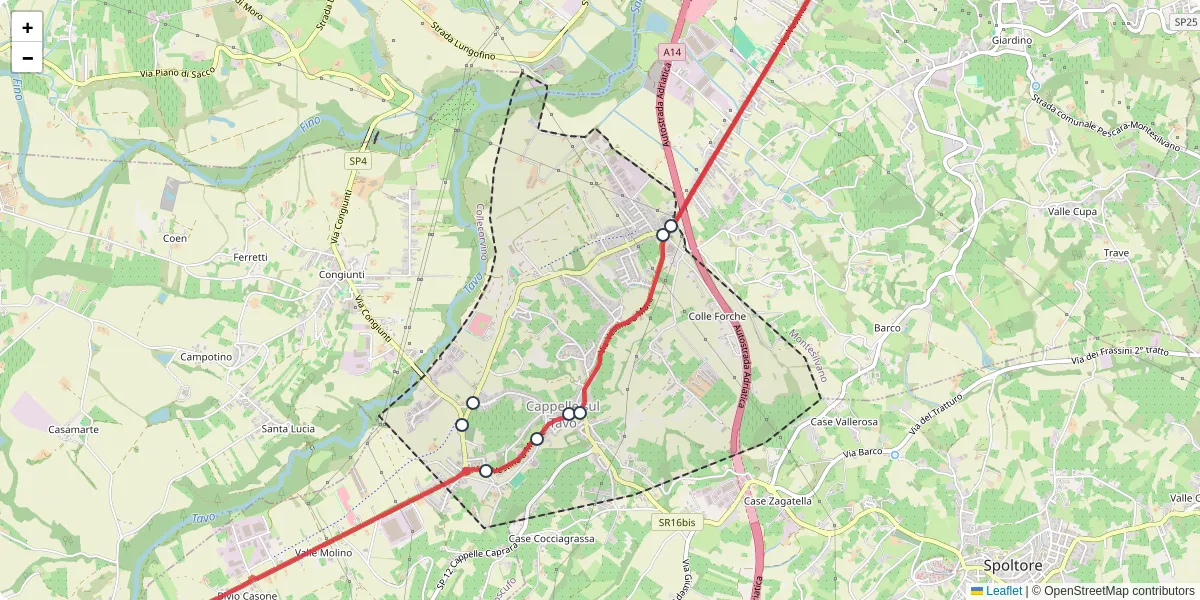 Mappa dettagliata del trasporto pubblico a Cappelle sul Tavo con linee autobus, tram e collegamenti
