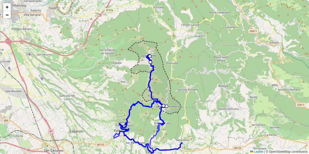 Mappa dettagliata del trasporto pubblico a Capranica Prenestina con linee autobus, tram e collegamenti