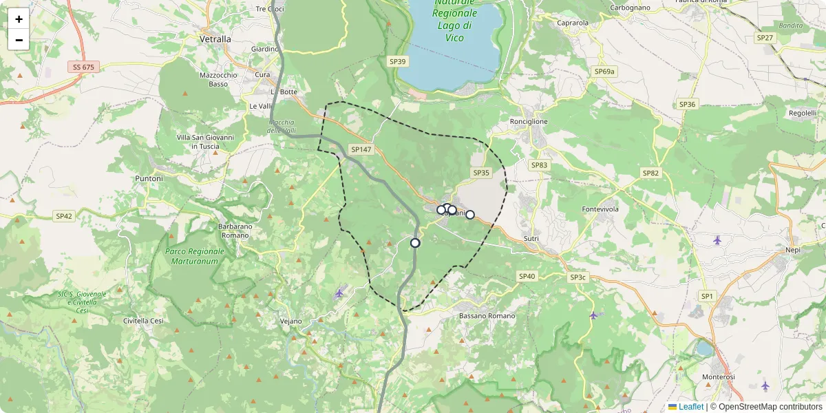 Mappa dettagliata del trasporto pubblico a Capranica con linee autobus, tram e collegamenti