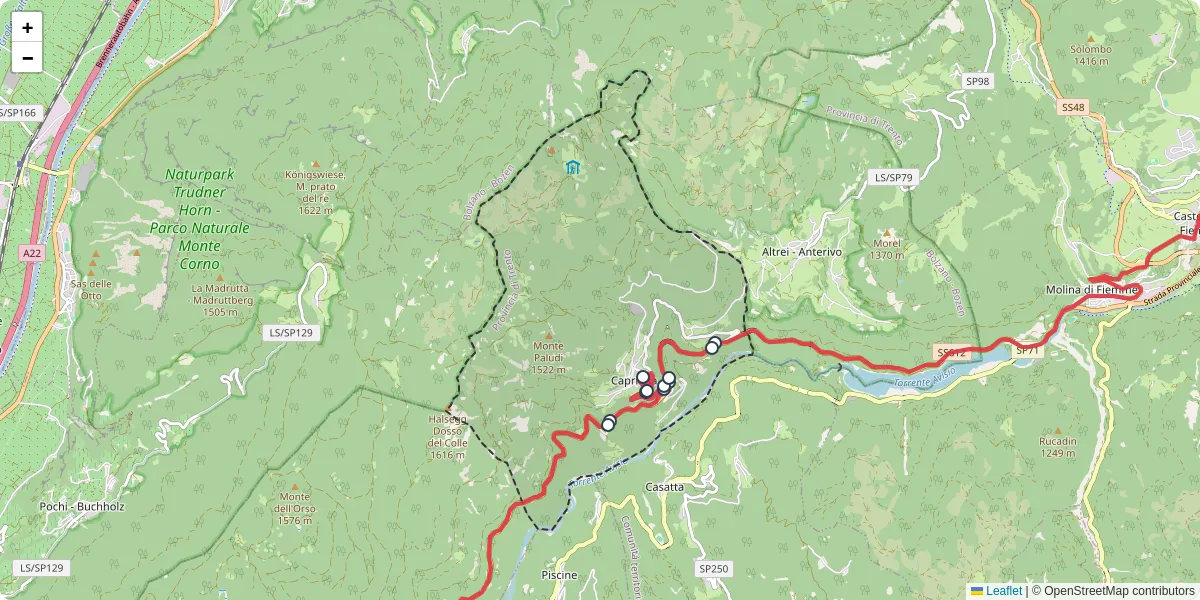 Mappa dettagliata del trasporto pubblico a Capriana con linee autobus, tram e collegamenti