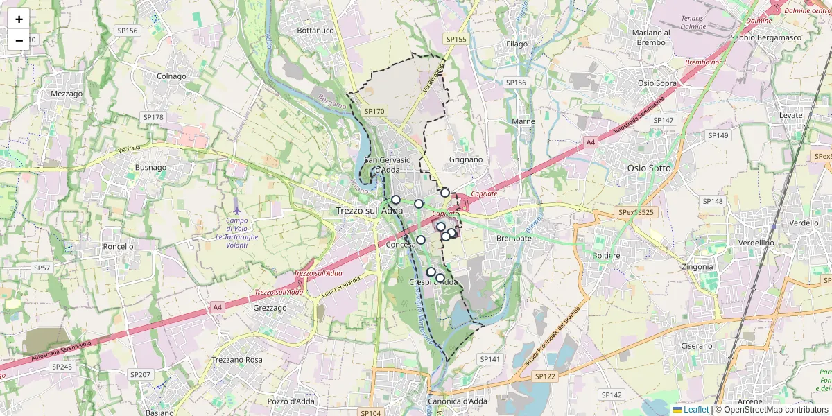 Mappa dettagliata del trasporto pubblico a Capriate San Gervasio con linee autobus, tram e collegamenti