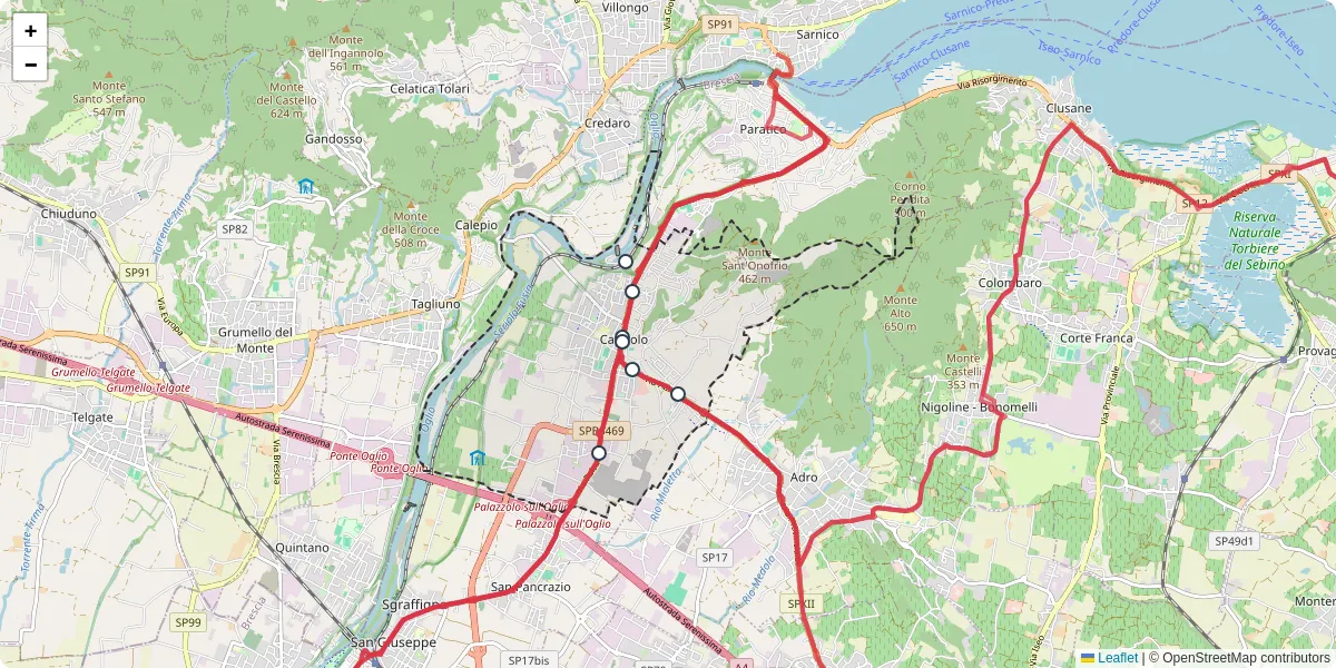 Mappa dettagliata del trasporto pubblico a Capriolo con linee autobus, tram e collegamenti