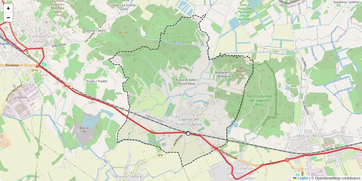 Mappa dettagliata del trasporto pubblico a Capriva del Friuli con linee autobus, tram e collegamenti