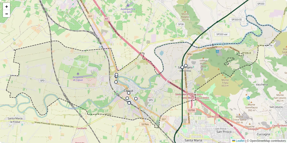 Mappa dettagliata del trasporto pubblico a Capua con linee autobus, tram e collegamenti